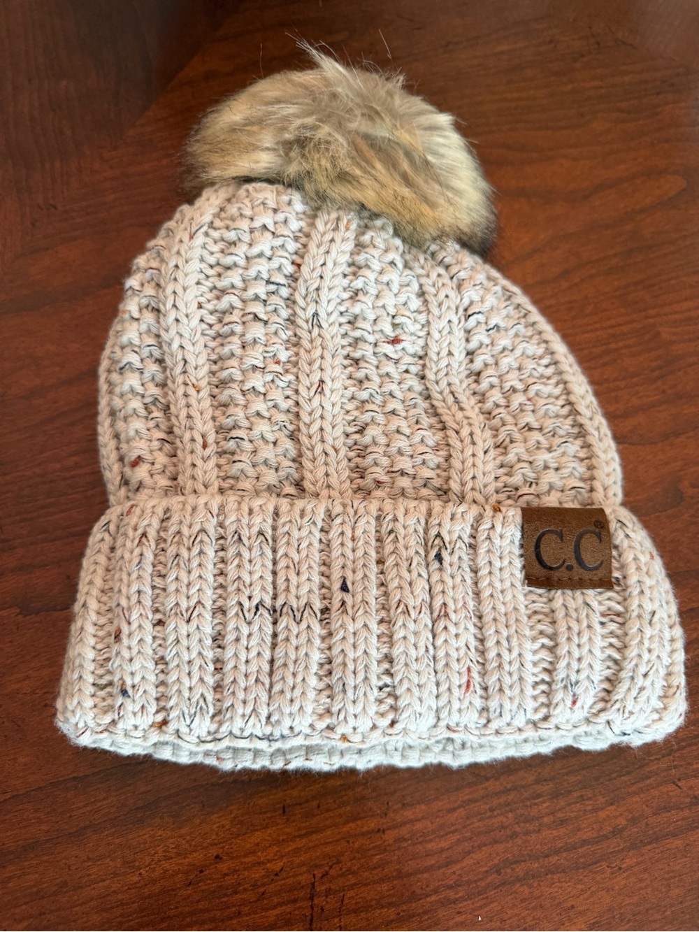 C.C Kids Speckled Cream Knit Pom Beanie